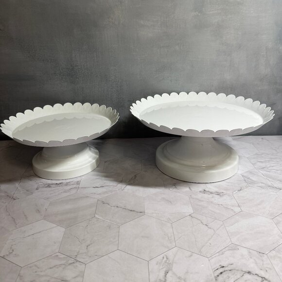 2 Scalloped Edged Pedestal White Cake or Dessert Stands Metal 10” & 8” OSD - Picture 1 of 8